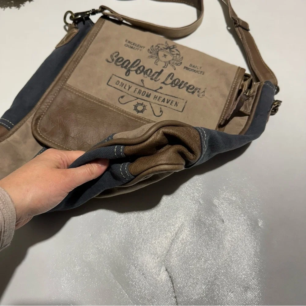 Clea Ray Upcycled Seafood‎ Lovers Canvas Messenger Crossbody Shoulder Tote Bag